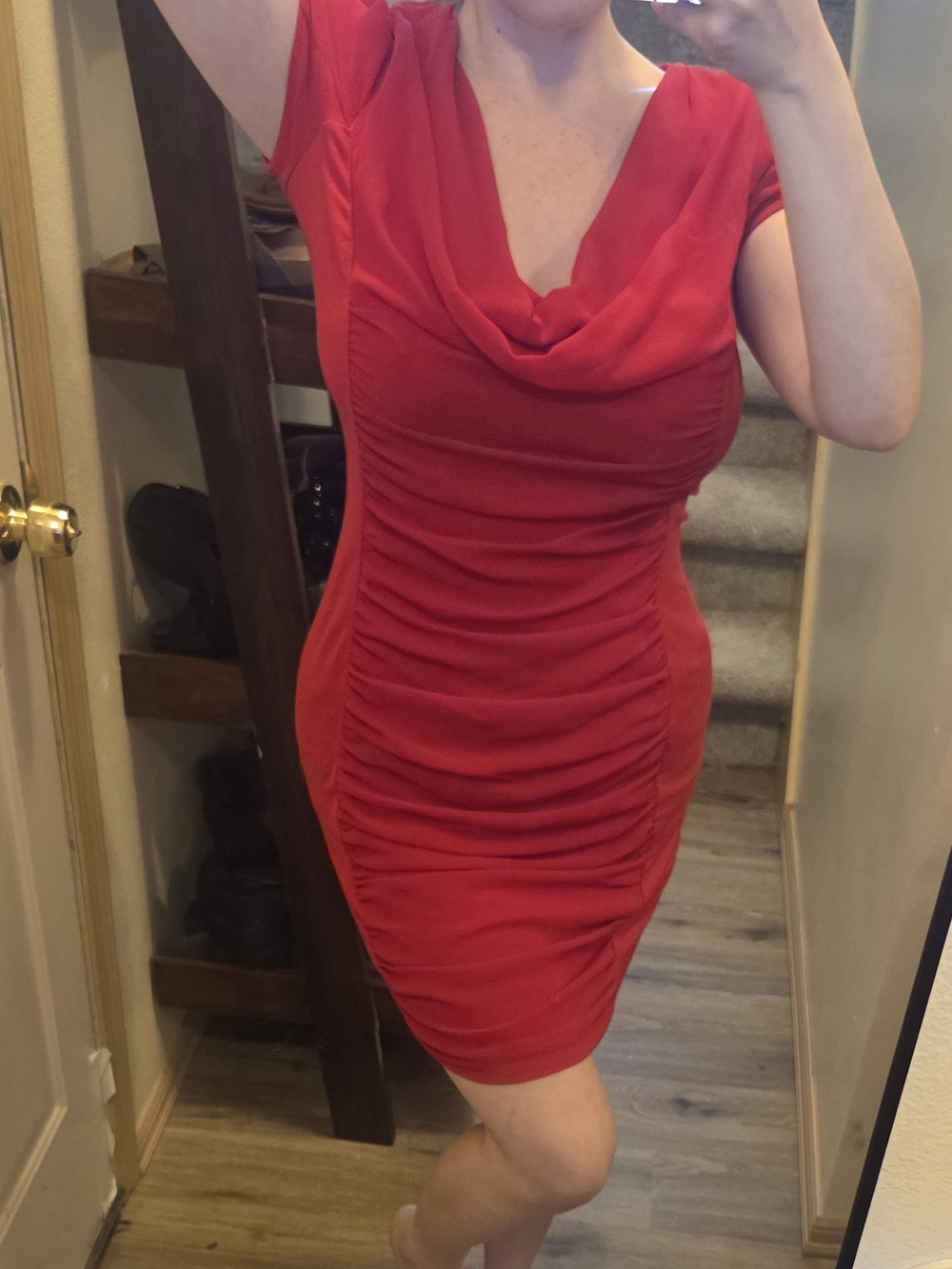 Womens Medium Red Ruched Cowl Neck Dress Medium